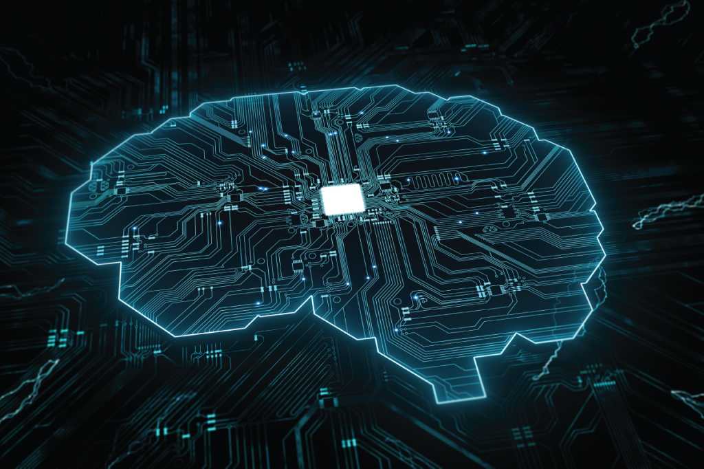 Artificial intelligence (AI), data mining, deep learning modern computer technologies.  Futuristic Cyber Technology Innovation.  Brain representing artificial intelligence with printed circuit board (